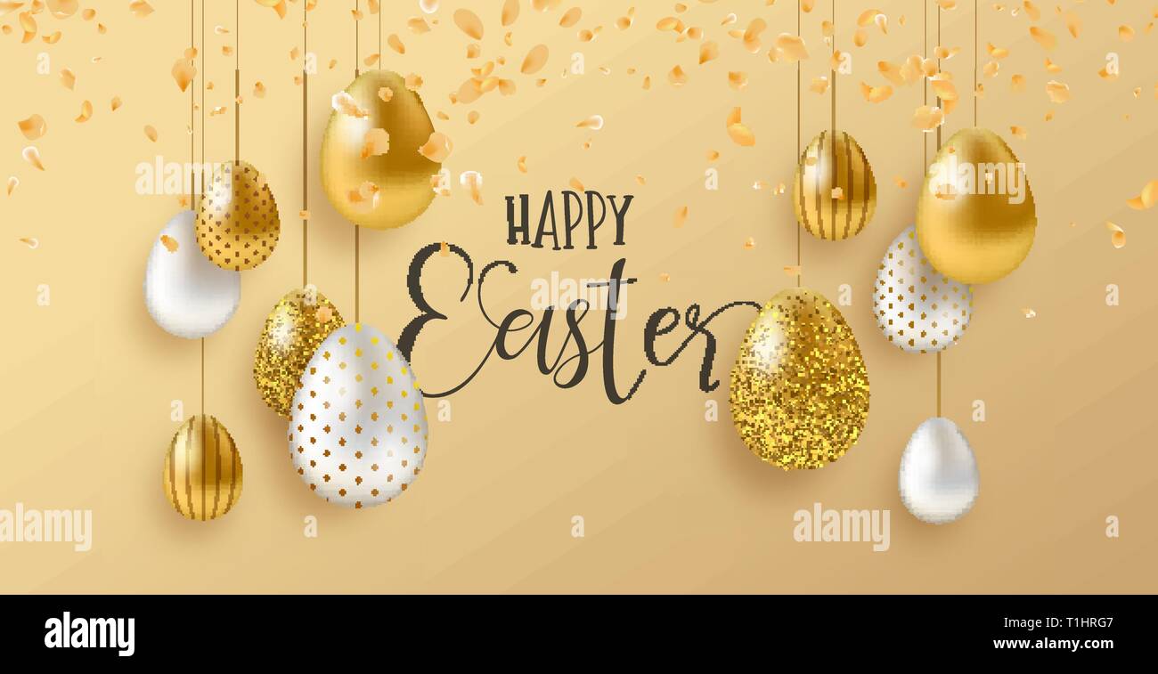 Felice Pasqua di lusso della scheda Messaggi di saluto illustrazione. Realistiche in 3d oro uova con petali di fiori per le tradizionali vacanze di primavera. Illustrazione Vettoriale
