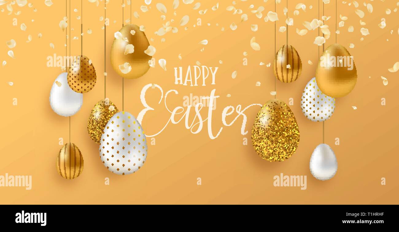 Felice Pasqua di lusso della scheda Messaggi di saluto illustrazione. Realistiche in 3d oro uova con petali di fiori per le tradizionali vacanze di primavera. Illustrazione Vettoriale