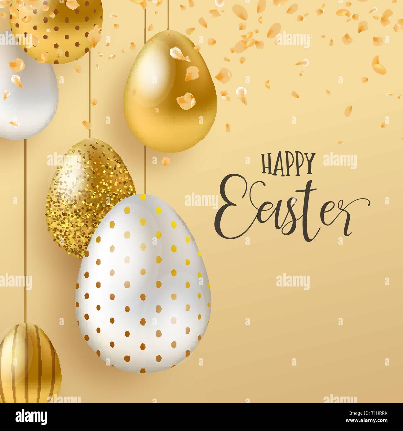 Felice Pasqua di lusso della scheda Messaggi di saluto illustrazione. Realistiche in 3d oro uova con petali di fiori per le tradizionali vacanze di primavera. Illustrazione Vettoriale