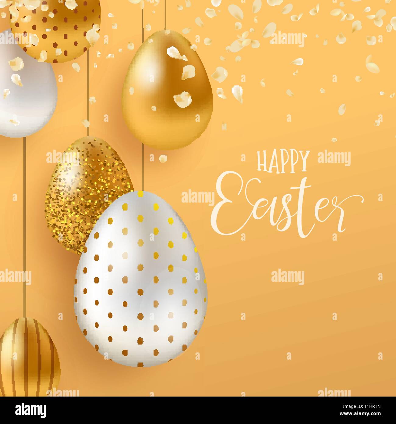 Felice Pasqua di lusso della scheda Messaggi di saluto illustrazione. Realistiche in 3d oro uova con petali di fiori per le tradizionali vacanze di primavera. Illustrazione Vettoriale