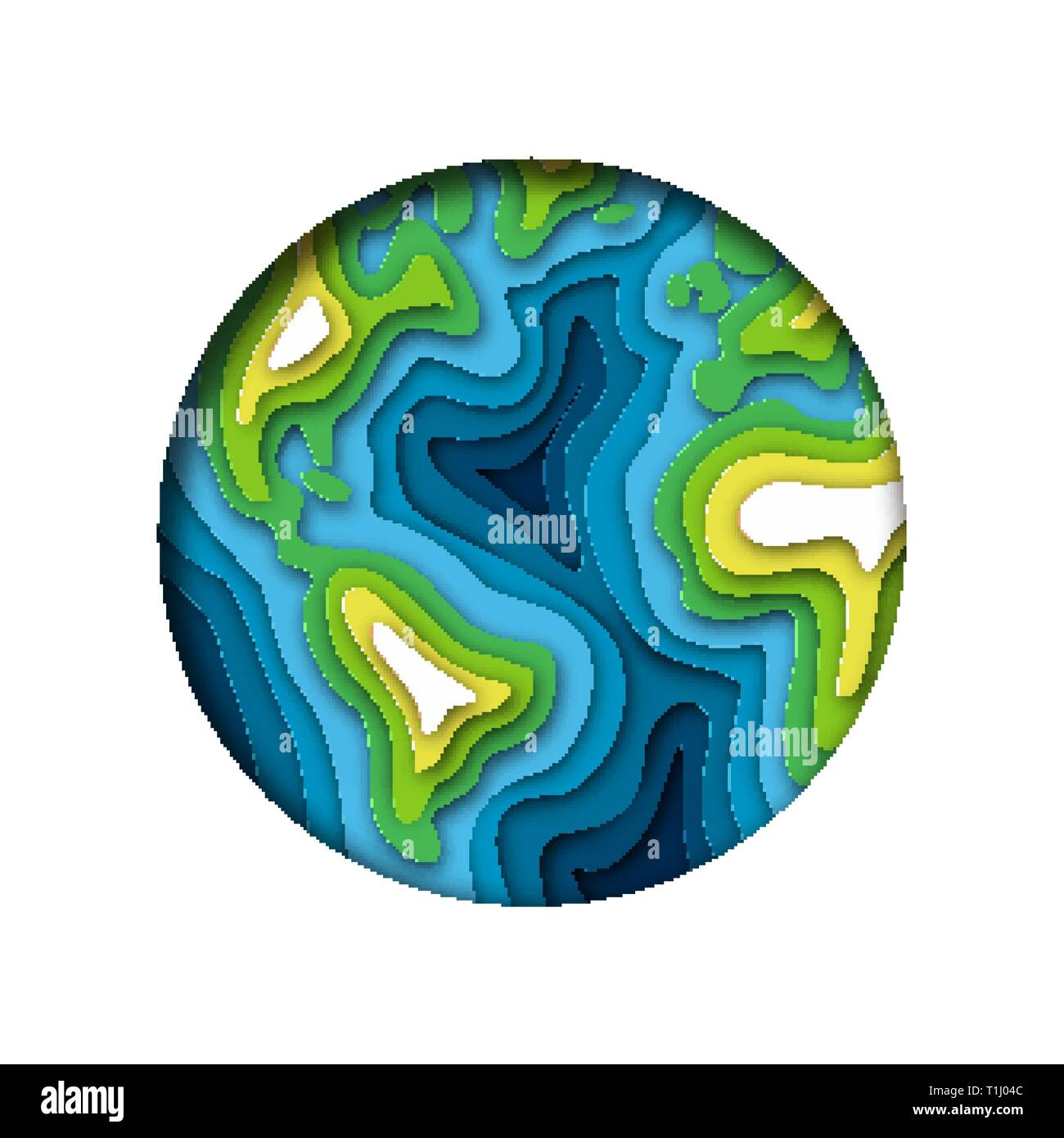 Papercut mappa Mondo illustrazione. Ritaglio verde massa stratificata in carta per la conservazione del pianeta. Illustrazione Vettoriale