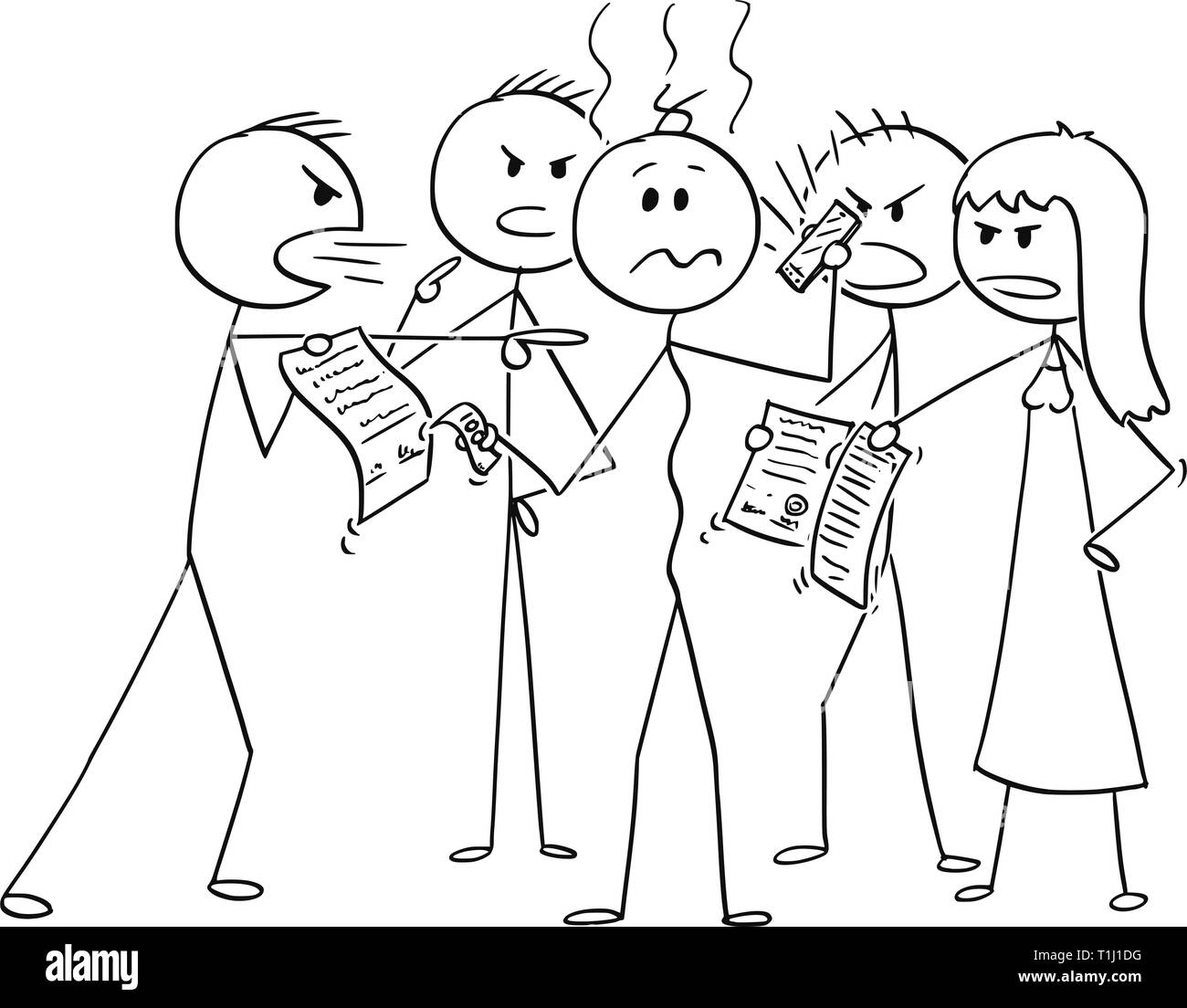 Cartoon stick figura disegno illustrazione concettuale della depressione dell'uomo in debiti circondato da un gruppo di debitori chiedendo soldi ritorno. Concetto di responsabilità finanziaria. Illustrazione Vettoriale
