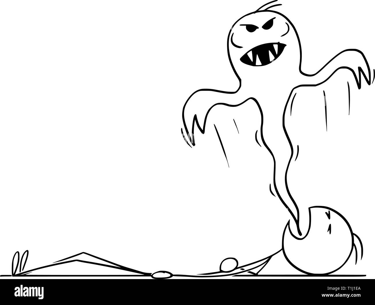 Cartoon stick figura disegno illustrazione concettuale di dead man e bad male anima o un demone sta uscendo dalla sua bocca. Illustrazione Vettoriale