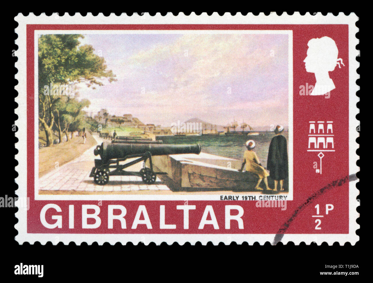 Gibilterra - circa 1971: un timbro stampato Gibilterra in mostra l'immagine di 12 Pounder, inizi del XIX secolo, circa 1971. Foto Stock