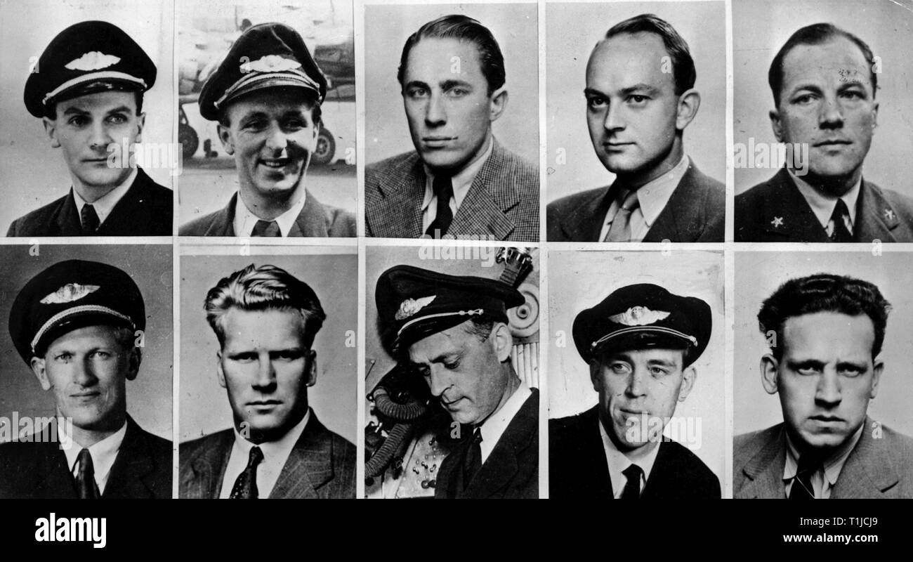 Trasporti / trasporto, aviazione, personale, equipaggio di un aereo di passeggero Douglas DC-6 Hjalmar Viking della SAS Scandinavian Airlines System, in alto, da sinistra: pilota al comando del capitano M. Aschim, capitano F. Buck, capitano B. Bjoernstad, navigator E. Pedersen, navro I. Engeland, in basso, da sinistra: navro K. Klaussen, tecnico di volo B. Henriksen, tecnico di volo T. Aasland, purser. R. de Brucq, purser. P. Inseth, volo per la croce rossa attraverso il polo nord da Oslo (Norvegia), Thule Air Base (Groenlandia), Anchorage (Alaska) e Shemya Island (Ale, Additional-Rights-Clearance-Info-Not-Available Foto Stock