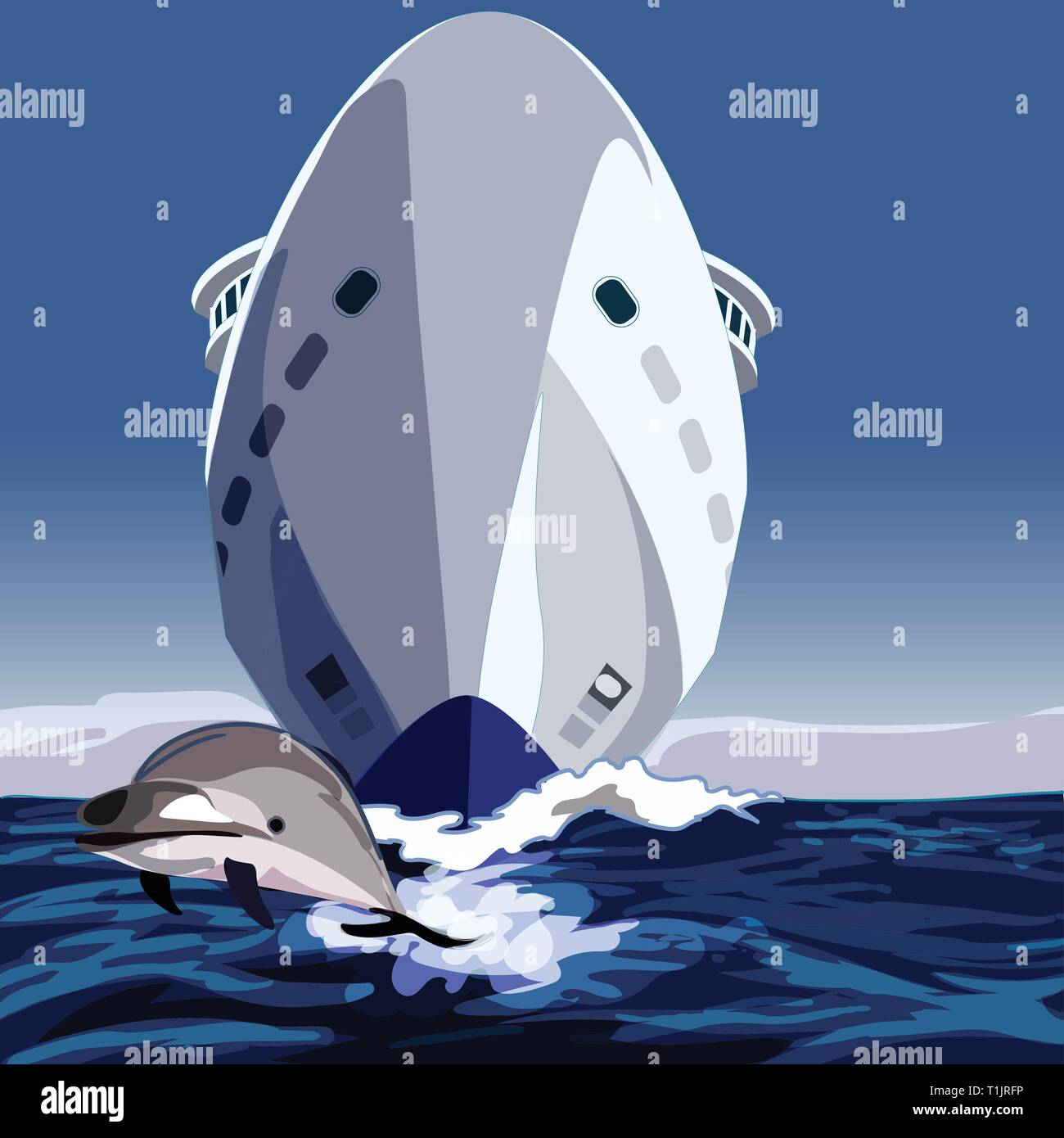 La nave di crociera anteriore o prua, dalla linea di acqua con una piscina dolfin davanti Illustrazione Vettoriale