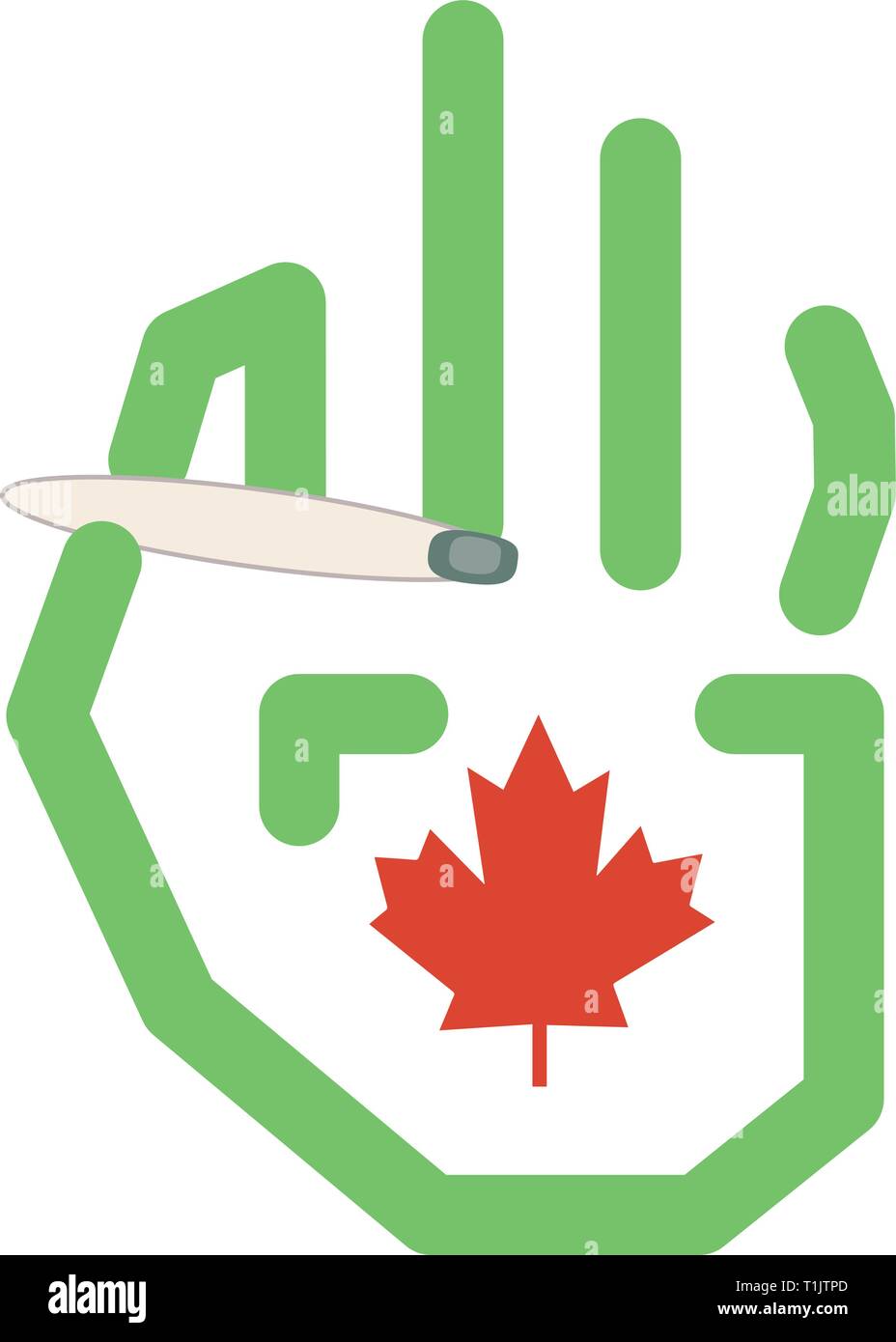 Grafica in stile linea mano & maple leaf tenendo un maijuana giunto con una bandiera canadese style maple leaf sul palm Illustrazione Vettoriale
