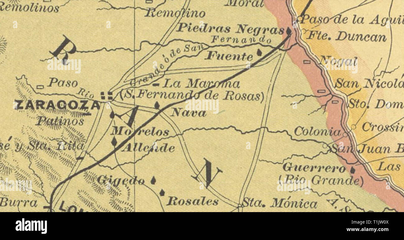 1885 mappa di Saragozza, Coahuila, México. Avviso nella parentesi (S. Fernando de Rosas) Foto Stock