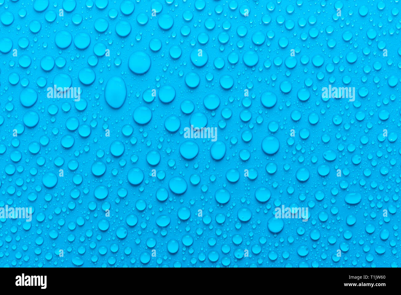 Gocce di acqua su un blu, sfondo opaco illuminato con una luce delicata. Foto Stock