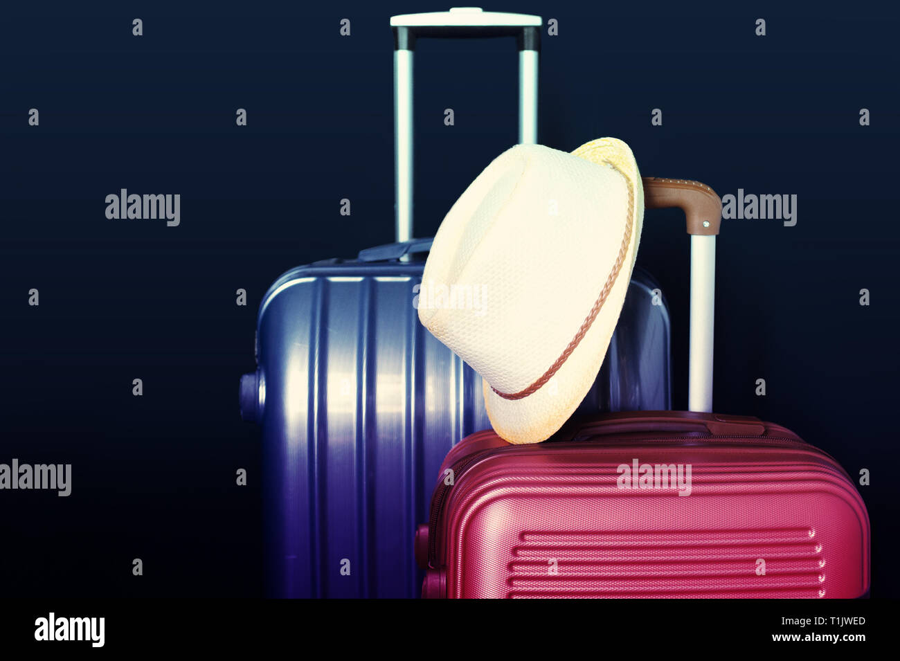 Vacanze estive concetto di viaggio valigia o bagaglio borsa con hat Foto Stock