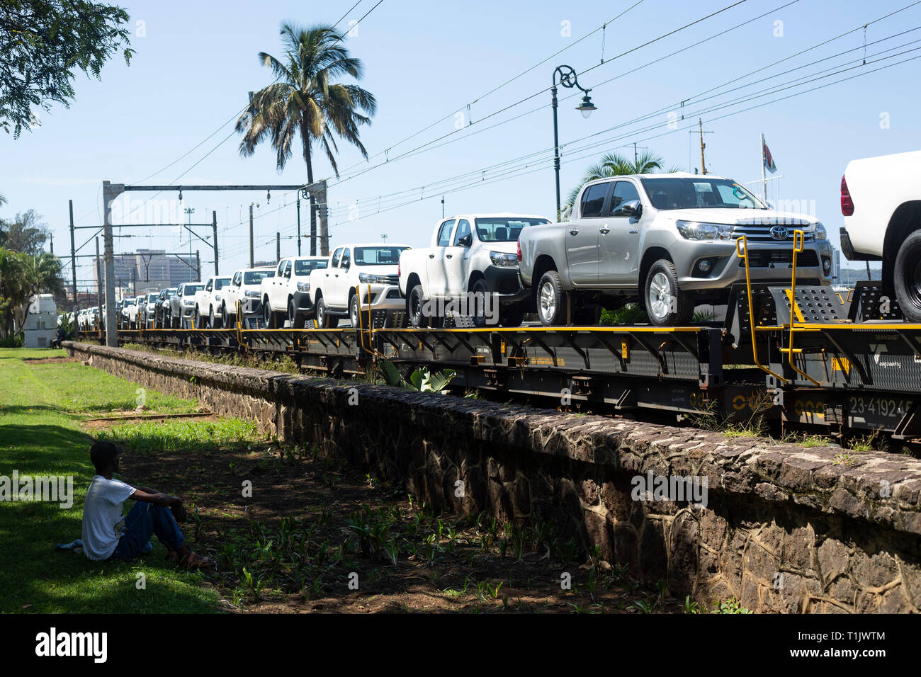 I veicoli Toyota Hilux vengono spostati in treno al porto di Durban, Sudafrica, 15 marzo 2019. IHLO/Rogan Ward Foto Stock