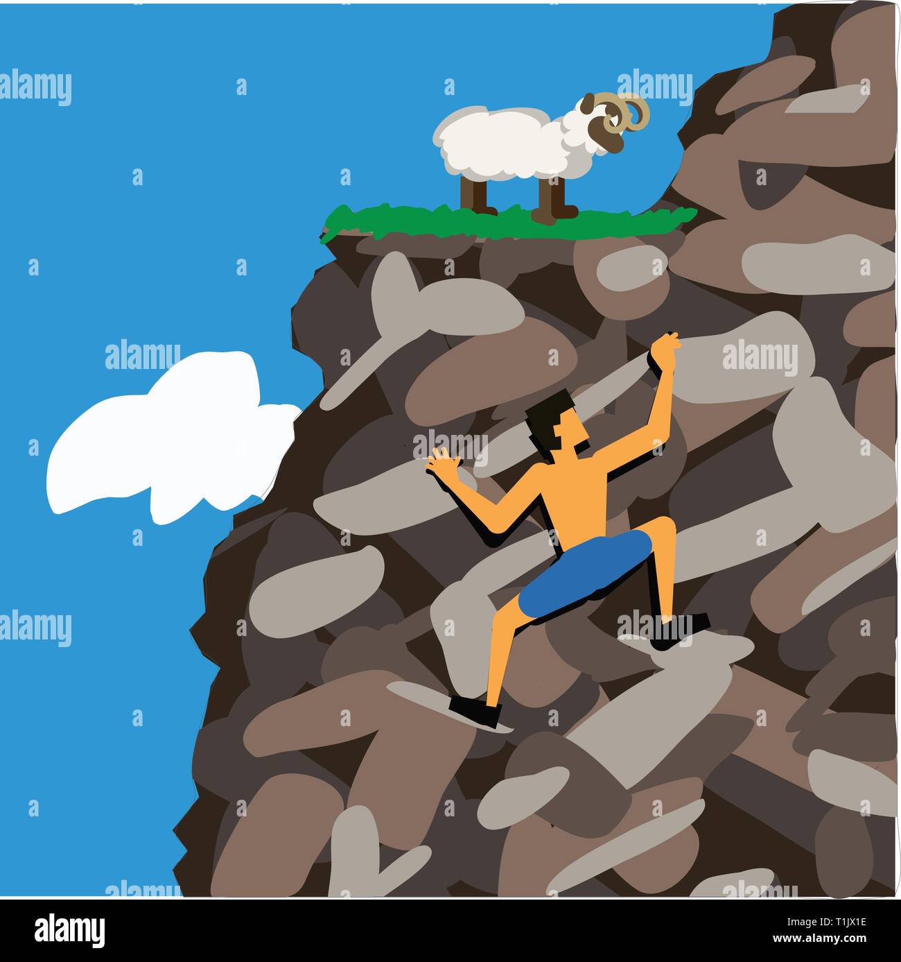 Scalatore su una roccia al di sotto di un pascolo di capre di montagna. Illustrazione Vettoriale