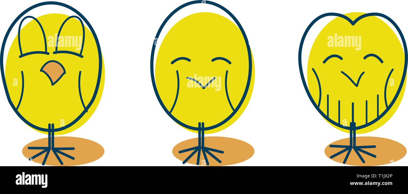 3 felice giallo uccelli chic con tre diverse espressioni di umore e il linguaggio del corpo. Contenuto, felice, accogliente Illustrazione Vettoriale