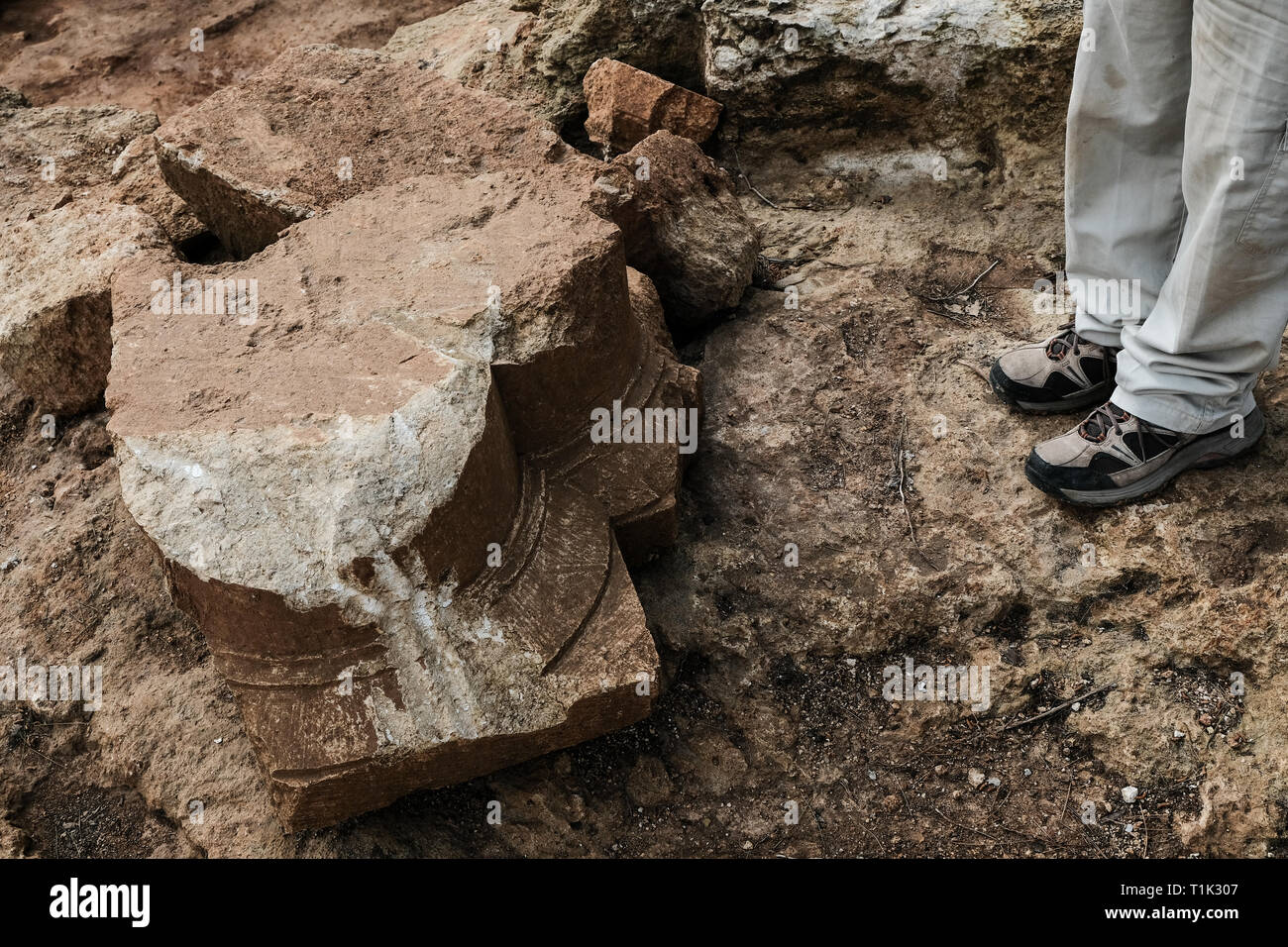 Gerusalemme, Israele. Il 27 marzo, 2019. Un 2000 anno vecchio periodo Hasmonean, secondo tempio era, villaggio ebraico di natura agricola, è stato scoperto durante gli scavi del Sharafat quartiere di Gerusalemme. Gli scavi hanno portato i resti di un grande vino premere contenenti frammenti di molti vasi di storage, una grande grotta columbarium (rock cut colombaia), un frantoio, un grande bagno rituale (mikveh), una cisterna di acqua, rock cave e impianti. . Credito: Nir Alon/Alamy Live News Foto Stock