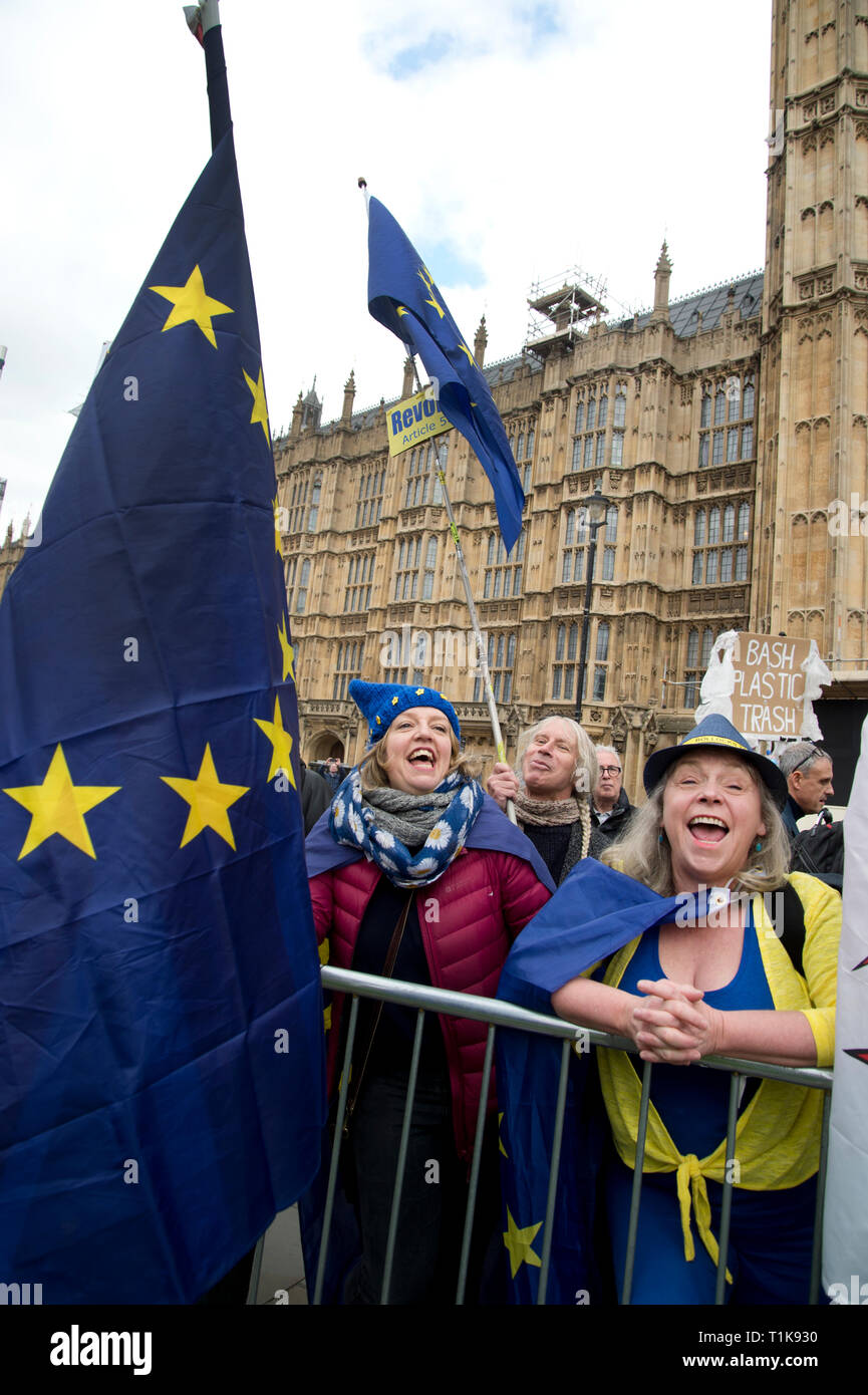 Londra, Regno Unito. 27 Mar, 2019. 27 marzo 2019 Westminster, la Casa del Parlamento. Rimangono i manifestanti gridare "No Brexit' Credit: Jenny Matthews/Alamy Live News Foto Stock
