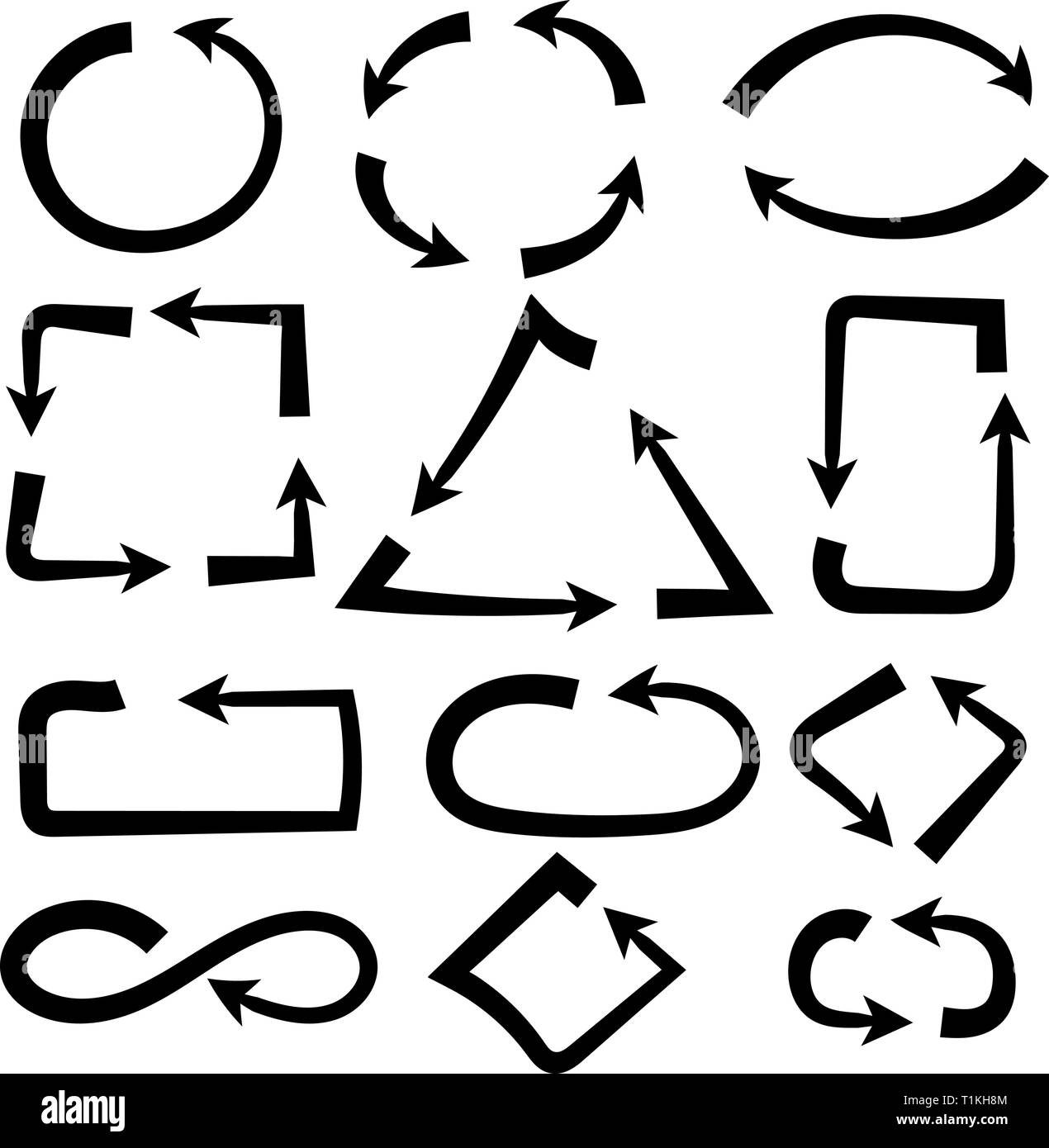 Frecce di combinazioni. Semplici e complessi. In grassetto nero disegnato a mano le icone Illustrazione Vettoriale