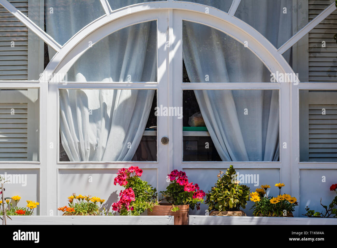 Vecchio legno bianco sul telaio di una finestra con fiori Foto Stock