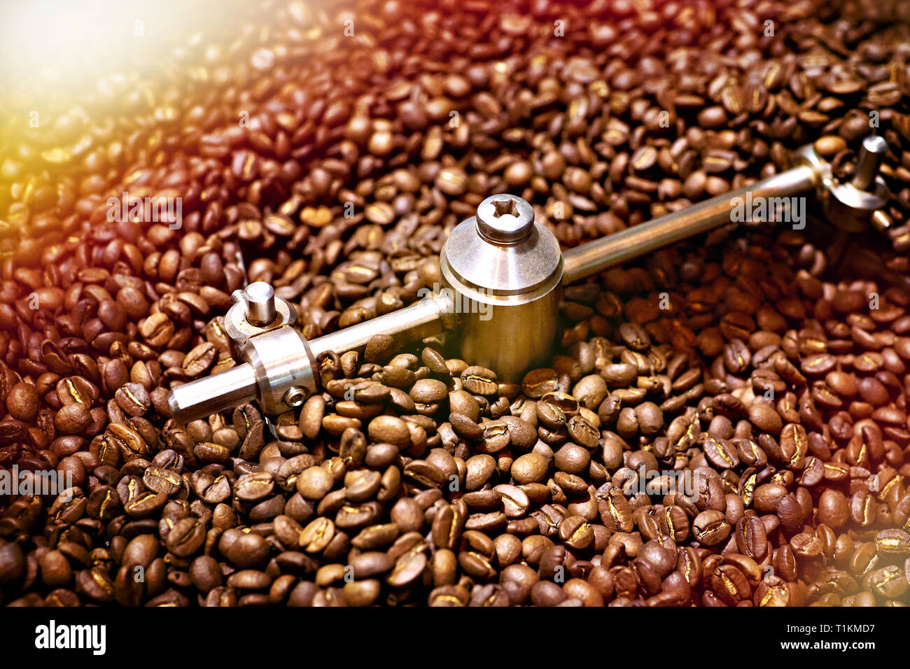 Appena il caffè torrefatto in grani closeup Foto Stock