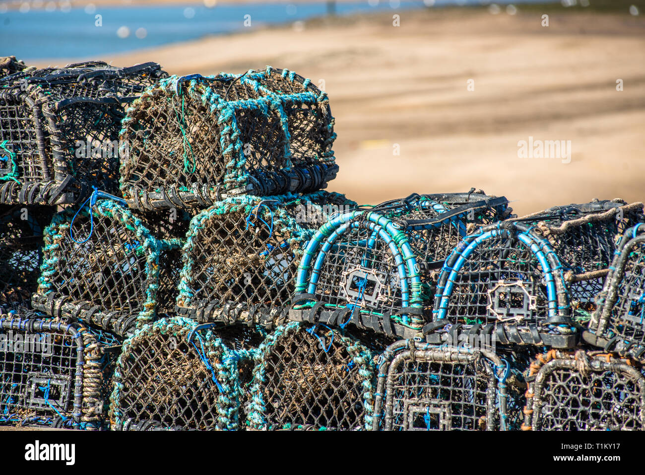 Granchi e aragoste pentole o cantre impilati su pozzetti-next-mare lungomare. Costa North Norfolk, East Anglia, Inghilterra, Regno Unito. Foto Stock