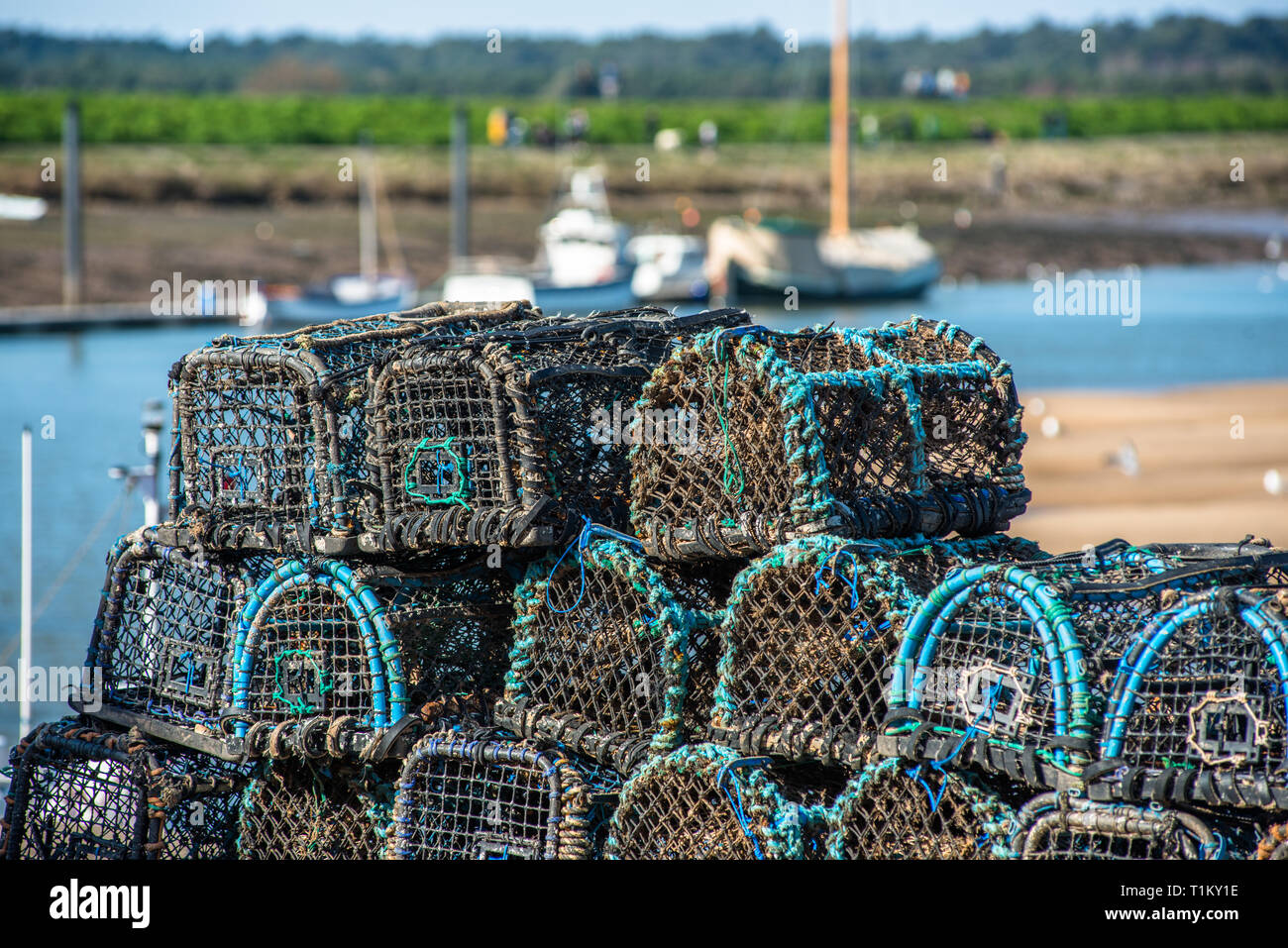 Granchi e aragoste pentole o cantre impilati su pozzetti-next-mare lungomare. Costa North Norfolk, East Anglia, Inghilterra, Regno Unito. Foto Stock