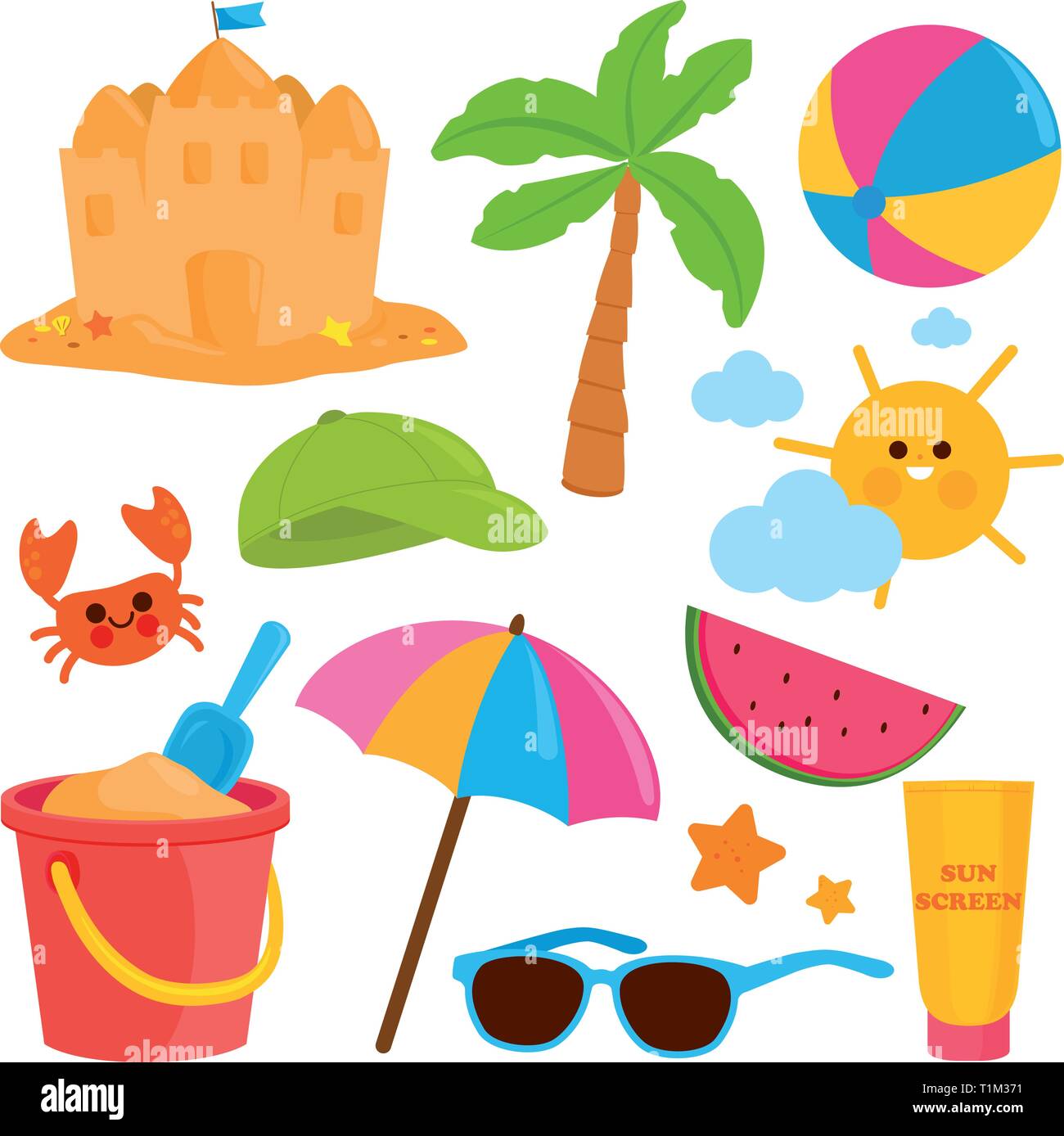 Set vacanze estive al mare. Isola tropicale che nuota al mare e al sole. Illustrazione vettoriale Illustrazione Vettoriale