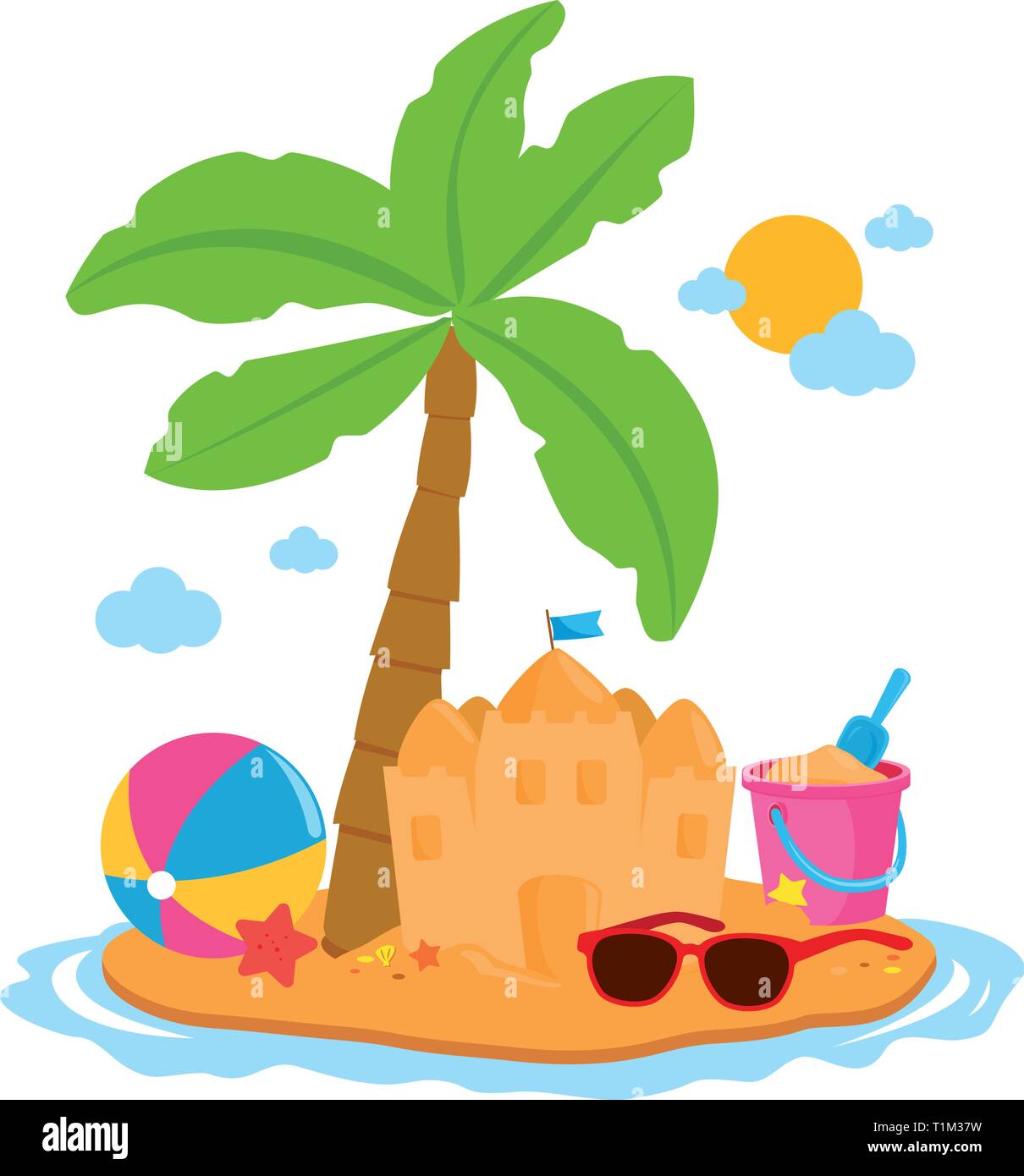 Isola per vacanze estive con una palma e un castello di sabbia. Sfondo mare e sole. Illustrazione vettoriale Illustrazione Vettoriale
