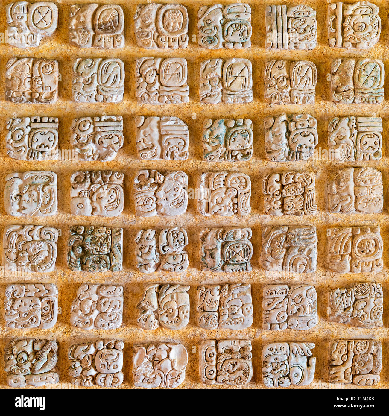 Fotografia quadrata dell'Alfabeto Maya con geroglifici di un sistema di scrittura dalle antiche civiltà maya. Trovato in Messico, Guatemala e Honduras. Foto Stock
