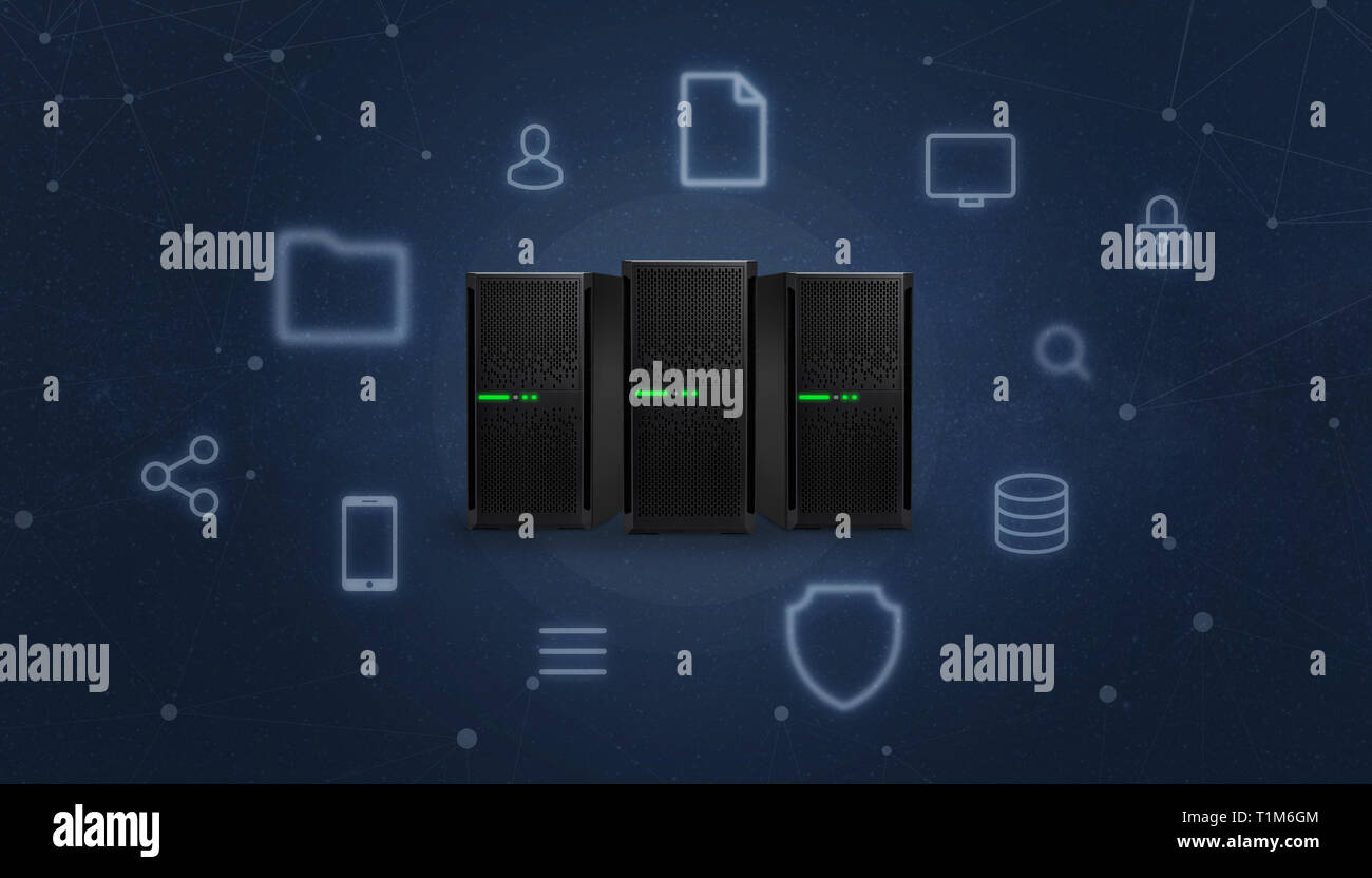 Web hosting server circondati con i servizi online di icone. Abstract sfondo con thread di rete. Foto Stock