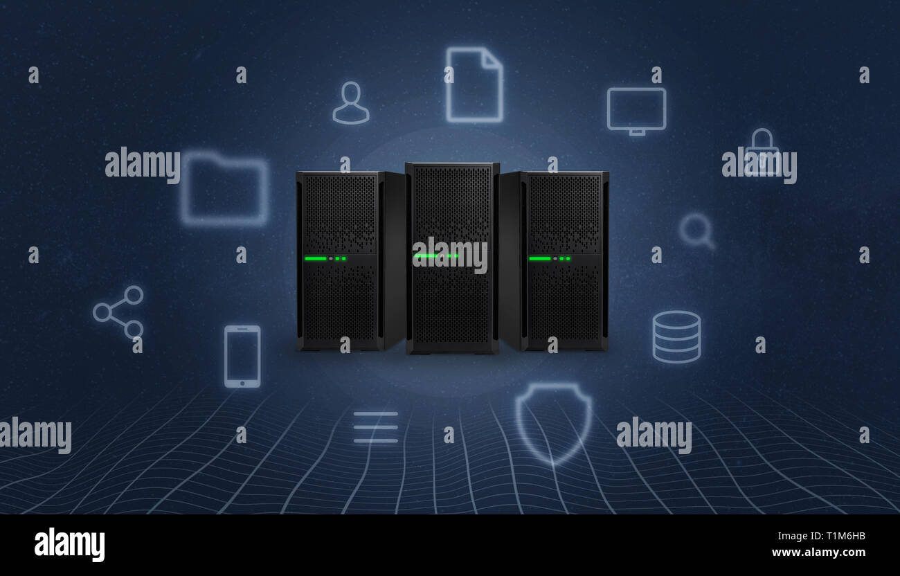 Storage cloud, stazione server circondato con il concetto di servizi internet icone. Network i thread in background. Foto Stock