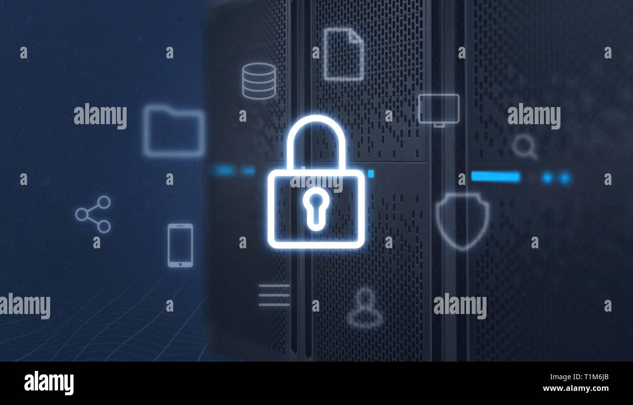 Icona a forma di lucchetto anteriore del server, circondata con i servizi online di icone. Concetto di dati protectiob, sicurezza. Foto Stock
