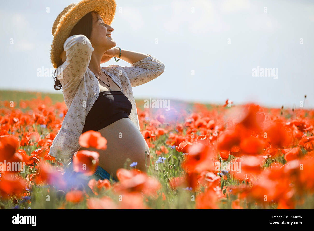 Donna incinta spensierata in un campo di papavero rosso rurale soleggiato e idilliaco Foto Stock
