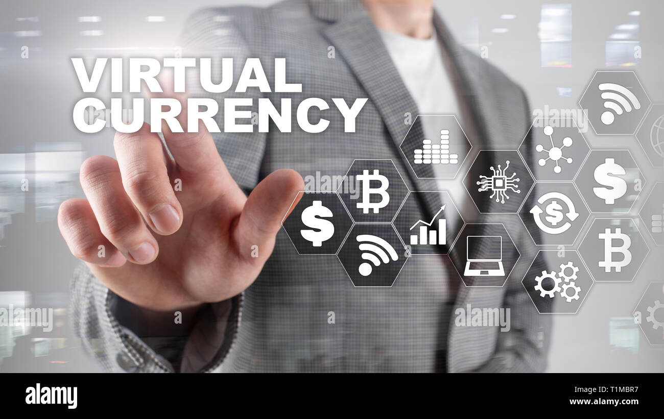 Moneta virtuale Exchange, il concetto di investimento. Simboli di valuta su uno schermo virtuale. La tecnologia finanziaria sfondo Foto Stock