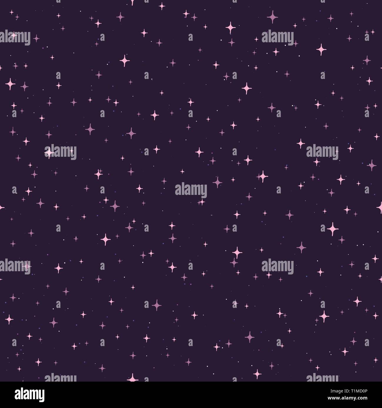 Disegnata a mano vector seamless pattern con stelle rosa su sfondo viola. Stellato sfondo cosmico. Illustrazione Vettoriale