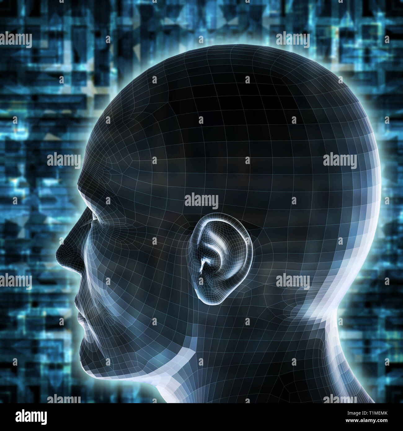 Maschio testa umanoide come concetto di intelligenza artificiale, le future generazioni di esseri umani, cyberlife e creata digitalmente personas Foto Stock