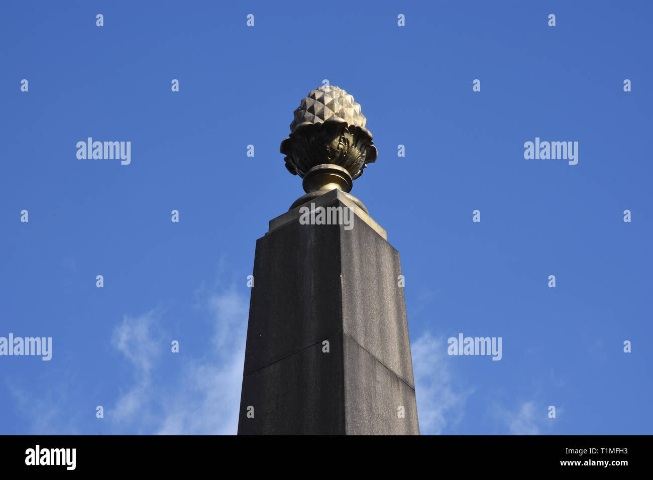 Obelisco con decorazione Pine Cone (a volte sbagliato per un ananas). Lambeth Bridge, Londra. REGNO UNITO Foto Stock