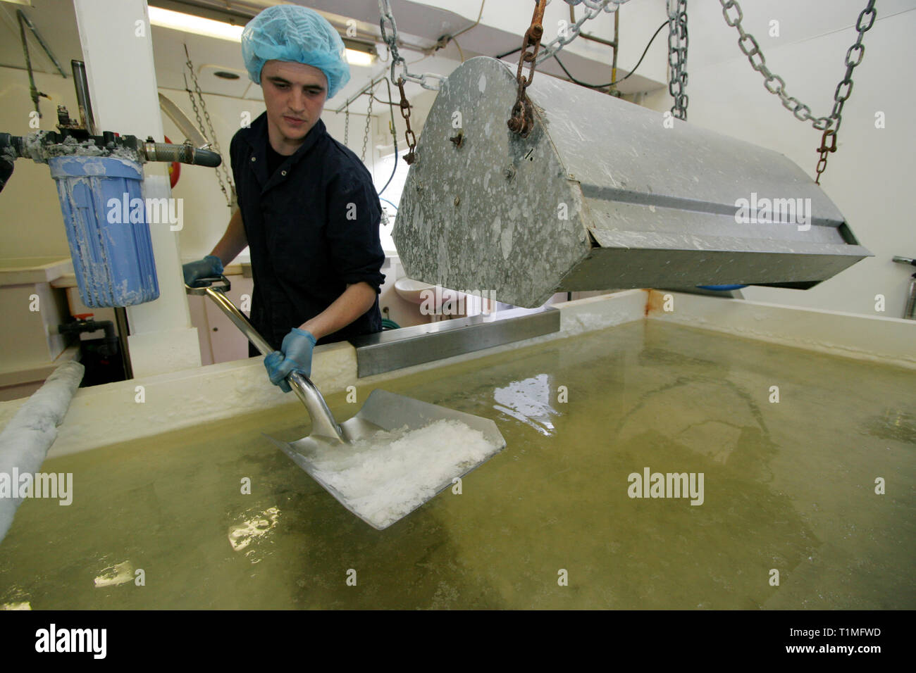 Un lavoratore sale di raccolta da una delle saline utilizzato per raccogliere l'acqua di mare presso la Anglesey Sea Salt Company a Brynsiencyn. L'acqua contiene normalmente tre per cento sale ma una volta che è distillato e riscaldata questo sorge a circa 15 per cento. La pala di lavoratori di depositi di sale nei vassoi prima di lavaggio e di asciugatura. È dalle acque dell'Oceano Atlantico che circonda l'isola che la Anglesey Sea Salt Company scarichi acqua di mare per rendere il suo organico sale marino prodotti. Foto Stock Un lavoratore sale di raccolta da una delle saline utilizzato per raccogliere l'acqua di mare presso la Anglesey Sea Salt Company a Brynsiencyn. L'acqua contiene normalmente tre per cento sale ma una volta che è distillato e riscaldata questo sorge a circa 15 per cento. La pala di lavoratori di depositi di sale nei vassoi prima di lavaggio e di asciugatura. È dalle acque dell'Oceano Atlantico che circonda l'isola che la Anglesey Sea Salt Company scarichi acqua di mare per rendere il suo organico sale marino prodotti. Foto Stock