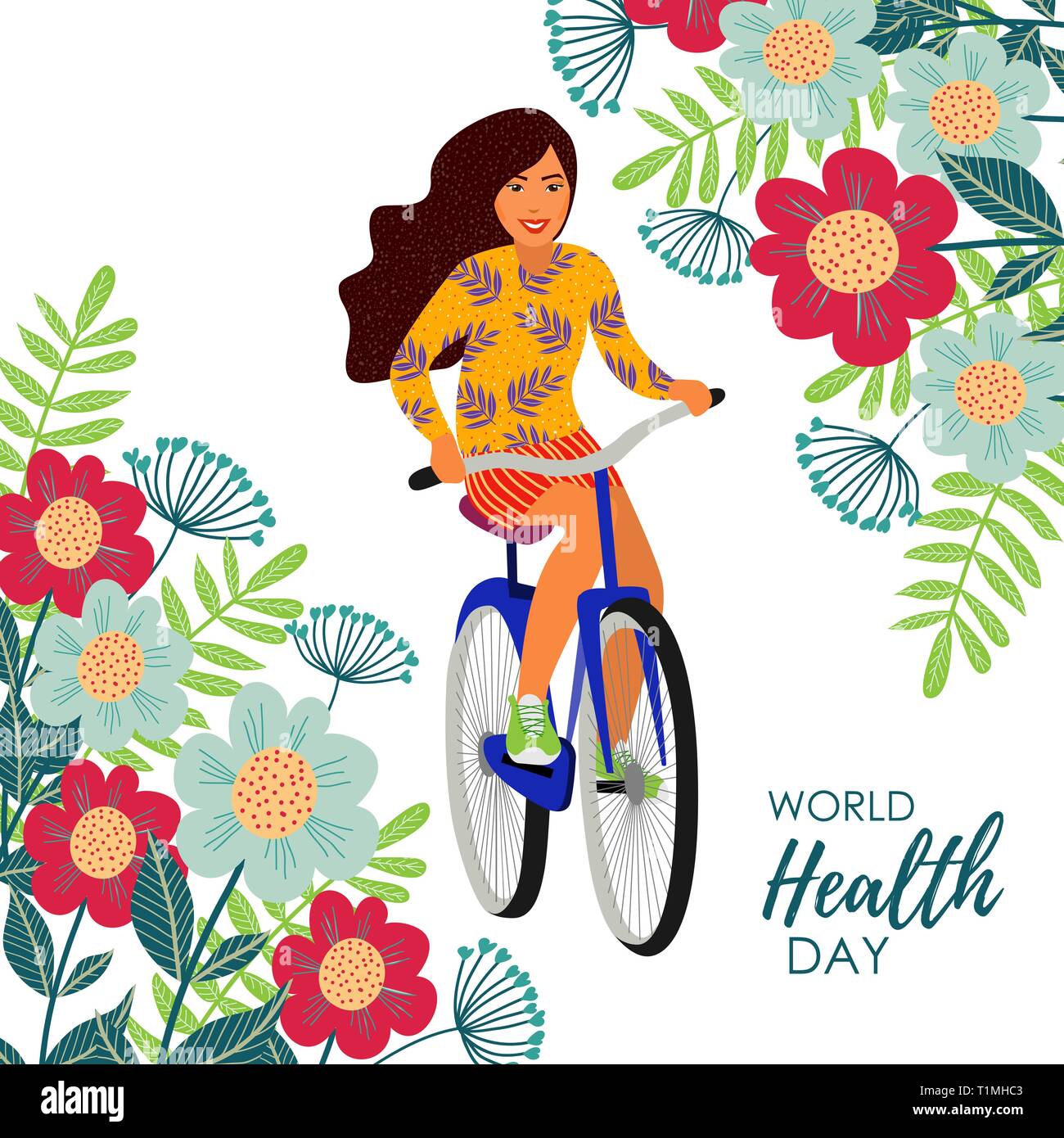 Uno stile di vita sano. Illustrazione Vettoriale con ragazza su una bicicletta e fiori su uno sfondo bianco. Illustrazione Vettoriale
