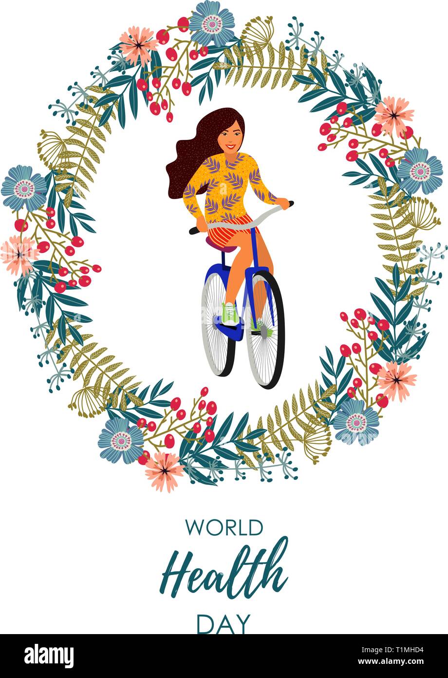 Uno stile di vita sano. Illustrazione Vettoriale con ragazza su una bicicletta all'interno di una corona di fiori su uno sfondo bianco. Illustrazione Vettoriale