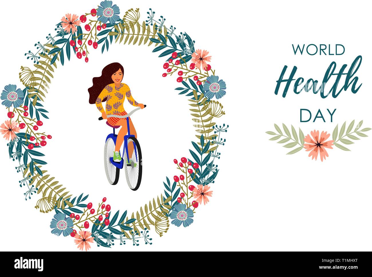 Uno stile di vita sano. Vettore illustrazione carino con ragazza su una bicicletta all'interno di una corona di fiori su uno sfondo bianco. Illustrazione Vettoriale