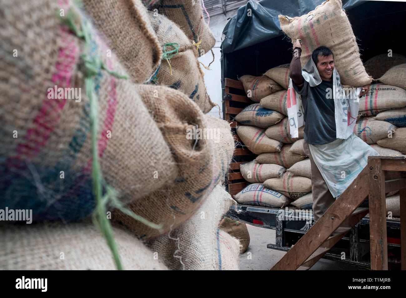 Caffè lavoratore con carichi di sacco di chicchi di caffè in Filandia, Colombia Foto Stock