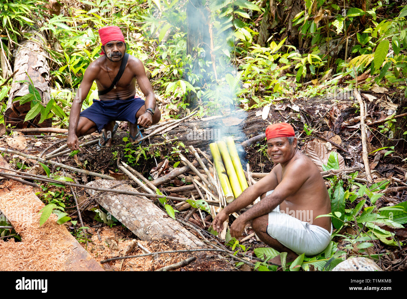 Alfur indigeni cacciatori del gruppo Nuaulu rendendo un forno di terra nella foresta pluviale, isola Seram, Molucche, Indonesia Foto Stock