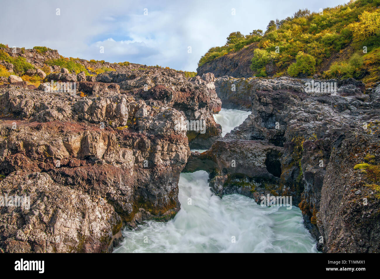 Parte della cascata Barnafoss del fiume Hvita con un piccolo ponte naturale. L'Islanda Foto Stock