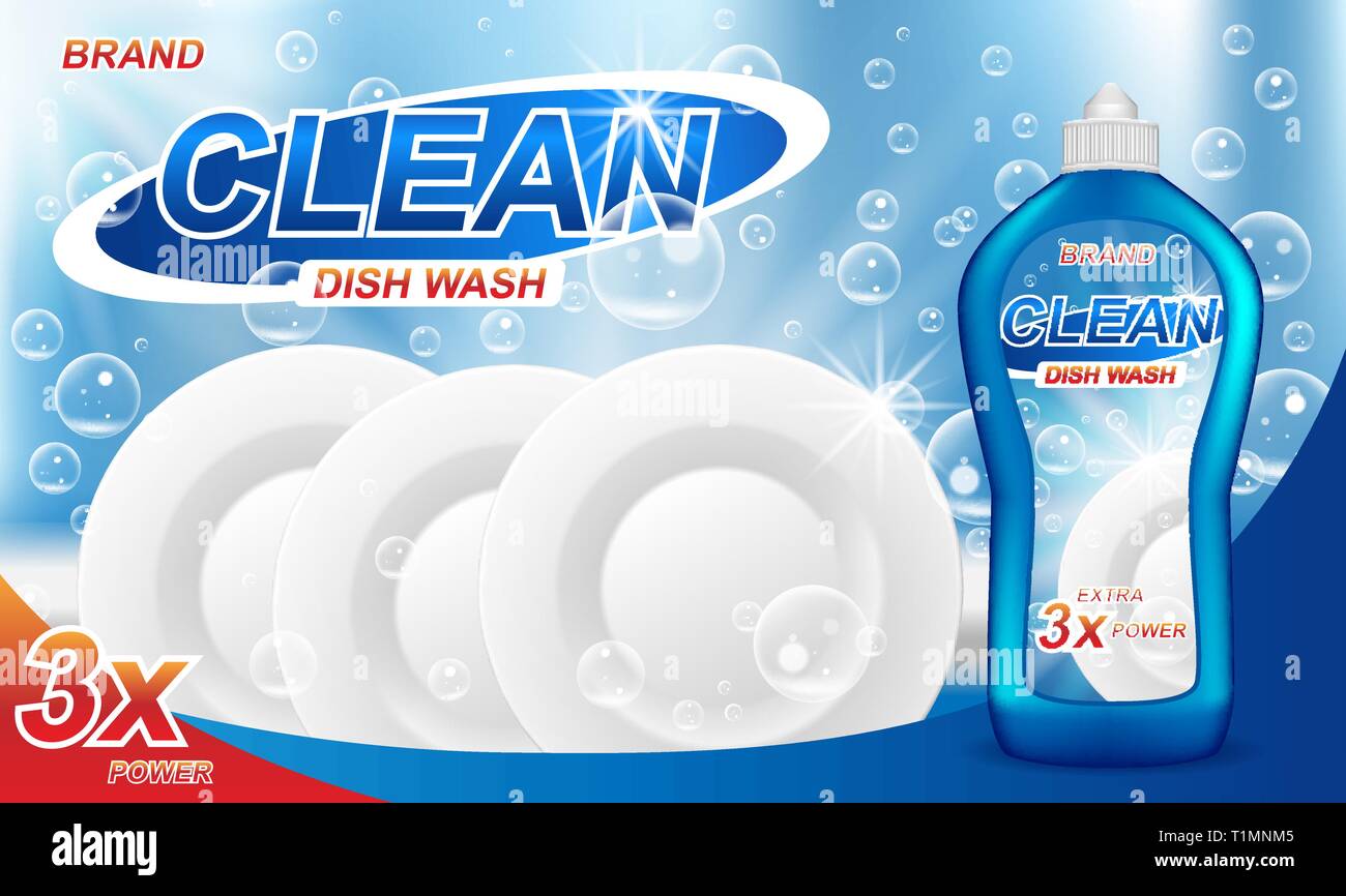 Lavare i piatti annunci di sapone. Realistica per il lavaggio di stoviglie di plastica Imballaggi con gel detergente per design. Il sapone liquido con il bianco pulire le piastre. 3d illustrazione vettoriale Illustrazione Vettoriale