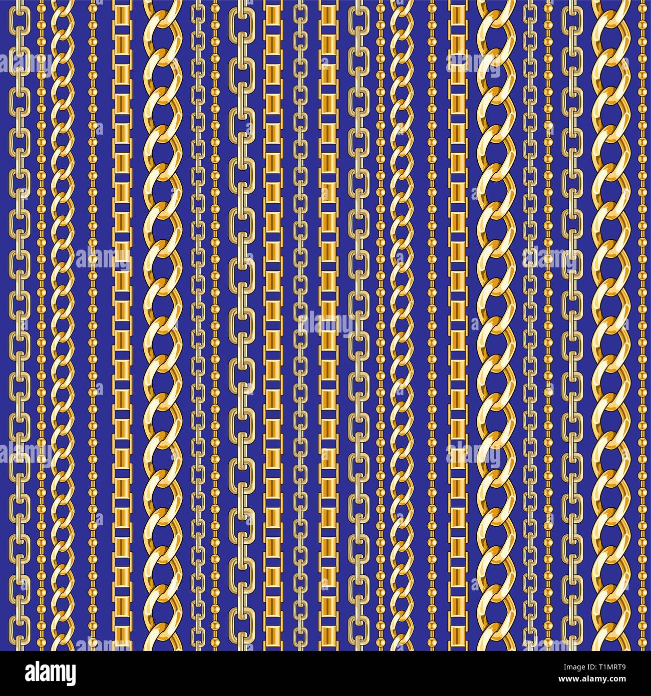 Abctract seamless pattern con catena golg su sfondo blu per tessuto. Alla moda di ripetere la stampa. Illustrazione Vettoriale