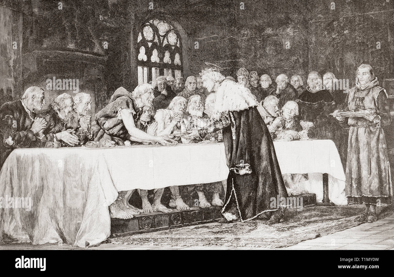 Il re Ferdinando III alimentazione dei poveri. Ferdinando III, 1199/1201 - 1252, chiamato il Santo (el Santo). Re di Castiglia, re di Leon e Re della Galizia. Da Ilustracion Artistica, pubblicato 1887. Foto Stock