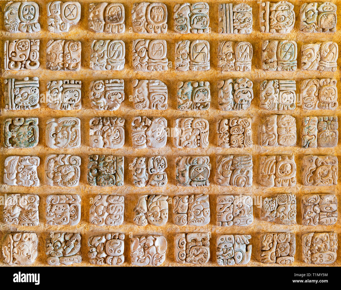 Tha alfabeto Maya. Questa scrittura geroglifica sistema può essere trovato nel Copan (Honduras), Tikal (Guatemala) e Chichen Itza e Palenque, Uxmal (Messico). Foto Stock