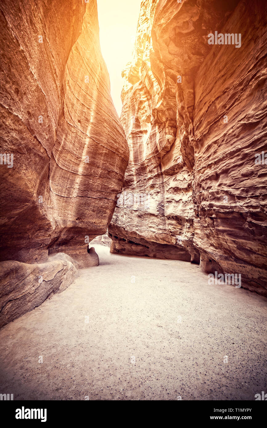 Percorso suggestivo all'interno del canyon di arenaria che conduce al tesoro di Petra, Giordania. La luce del tramonto. Foto Stock