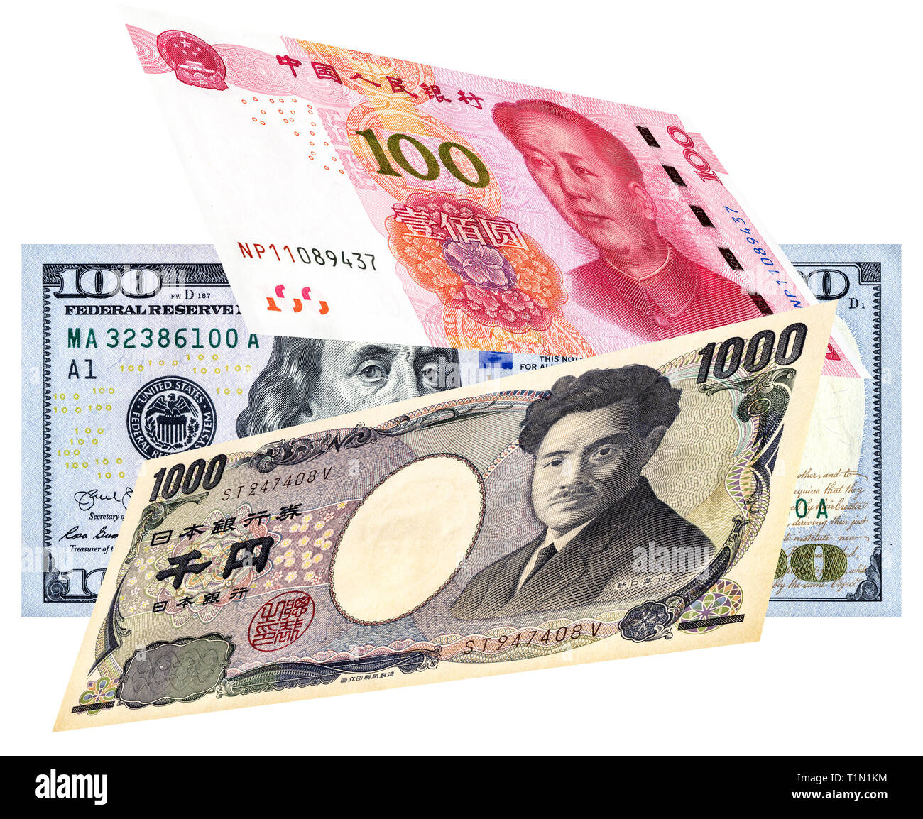 Yen giapponese banconota, il dollaro statunitense e cinese Yuan moneta per il commercio e il concetto economico, fiscale, del mercato azionario di asia Foto Stock