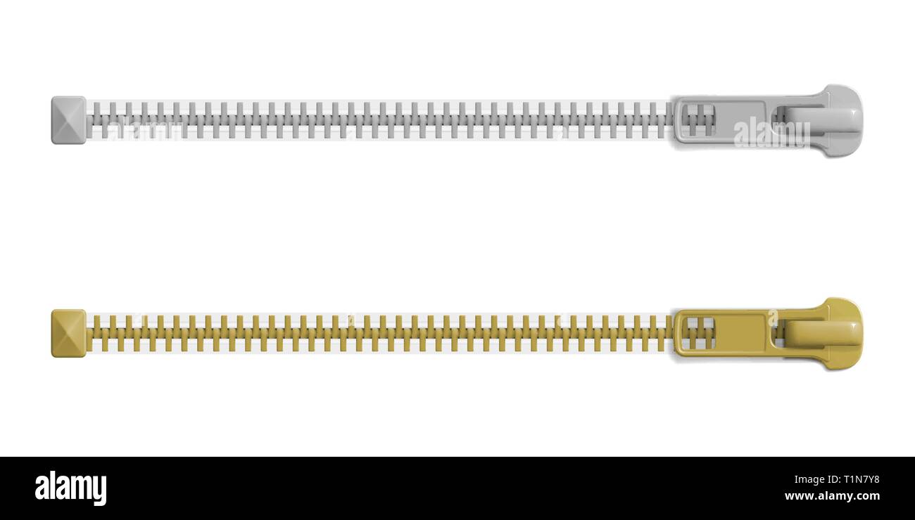 Set di ZIP chiuso blocca con diverse dimensioni, vuoto mockup. Realistico illustrazione vettoriale Illustrazione Vettoriale