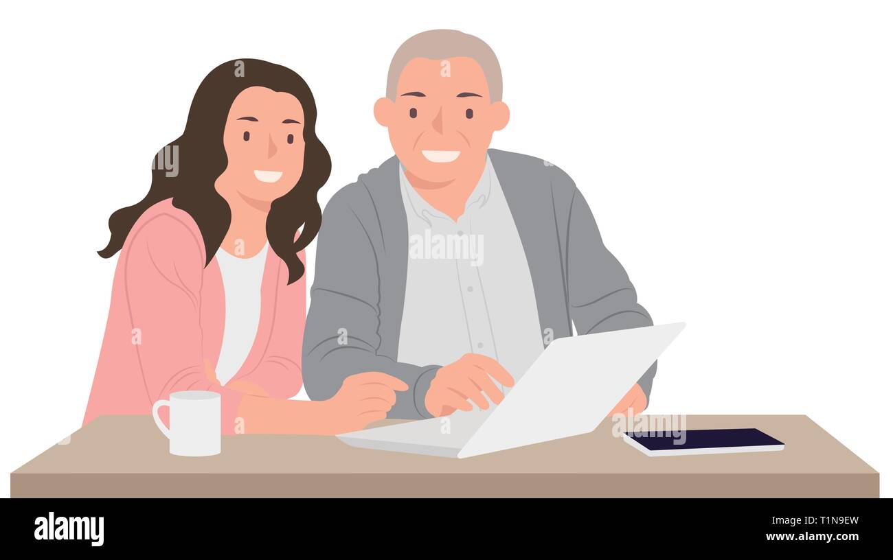 Cartoon persone character design giovane figlia padre di insegnamento come utilizzare il laptop. Ideale sia per la stampa e il web design. Illustrazione Vettoriale